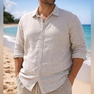 Banana Republic Men's Beige and White Striped Button-Up Linen Shirt